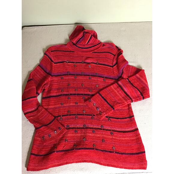 Sigrid Olsen Sport Women TurtleNeck Sweater Sz Med Red Striped Button Detail - Picture 6 of 13
